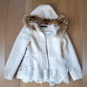 Cream white lace hem Teddy Bear Jacket, hood with fox trim